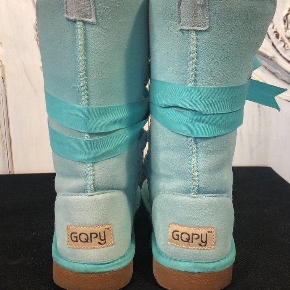 GQPY Shearling Lined Turquoise Suede Ribbon Laced Mid Calf Boot Size 36 - Picture 6 of 9